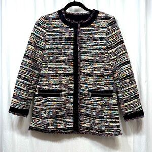 Ann Taylor Tweed Jacket Blazer Textured Fringe Multicolor Full Zip Size XS